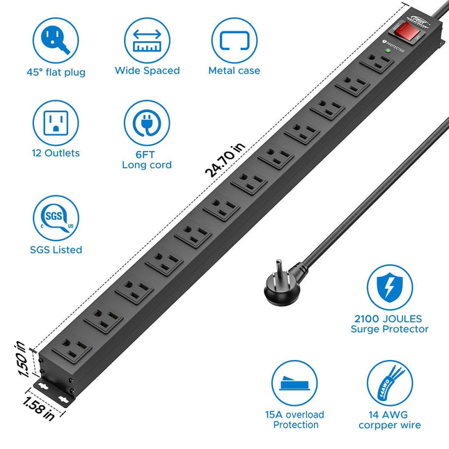 CRST 12-Outlet Metal Surge Protector Power Strip, 2100 Joules,  Heavy Duty 6FT/15FT Extension Cord, Wide Spaced Outlets for Large Adapters, Mountable Design for Workshop Garage