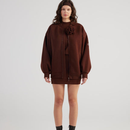 Alexa Brown Oversize Bomber Jacket with Removable Rose Accessory