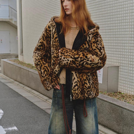 "Leopard Fantasy" Leopard Spot Print Reversible Drop Shoulder Hooded Custom Rabbit Fur Coat