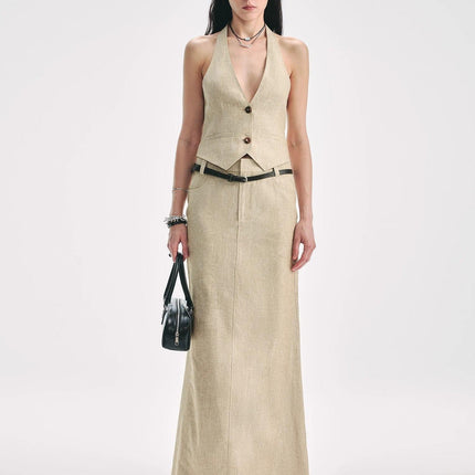 Retro Linen V-neck Halter Vest and Fishtail Hip Skirt Set"Old Money Weekly"
