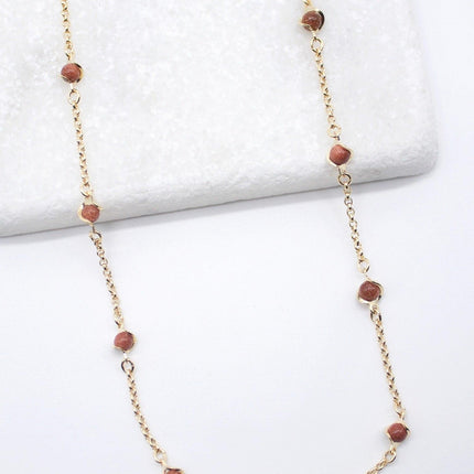 18K Gold Filled 5mm Designed Brown aventurine Bead Necklace (F221)