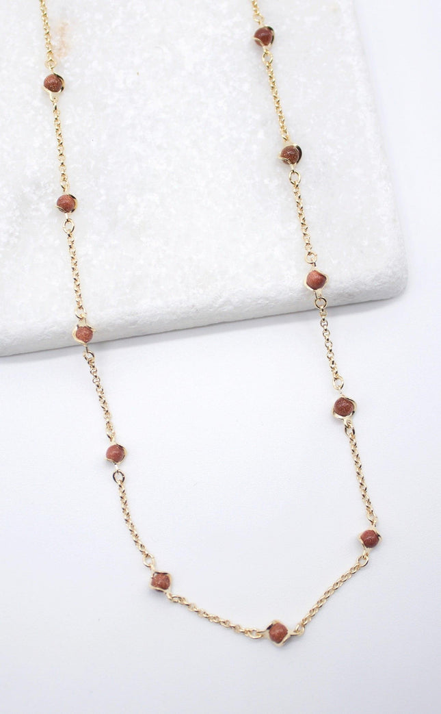18K Gold Filled 5mm Designed Brown aventurine Bead Necklace (F221)