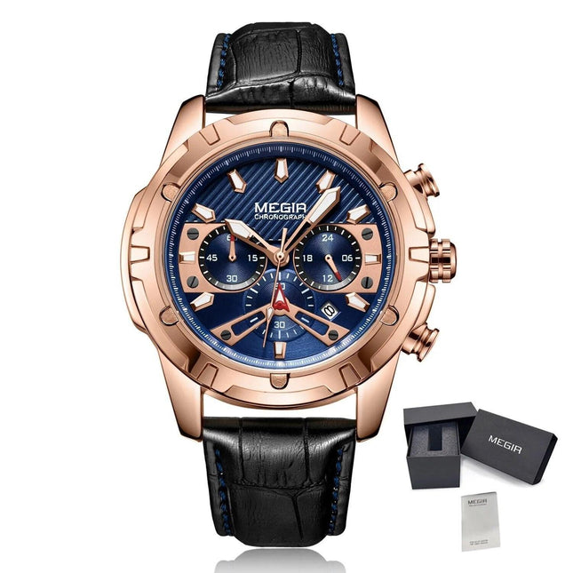 MEGIR Luxury Men Sport Watches Leather Military Quartz Wristwatch Waterproof Man Chronograph Clock 24 hour Montre Homme 2102-12