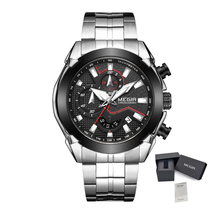 MEGIR Stainless Steel Bracelet Business Watches for Men Luxury Military Quartz Wristwatches Waterproof Luminous Clock Date 2065-14