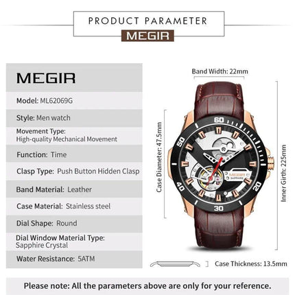 MEGIR Fashion Leather Watches for Men Sapphire Stainless Steel Automatic Mechanical Watch Sports Clock Montre Homme-7
