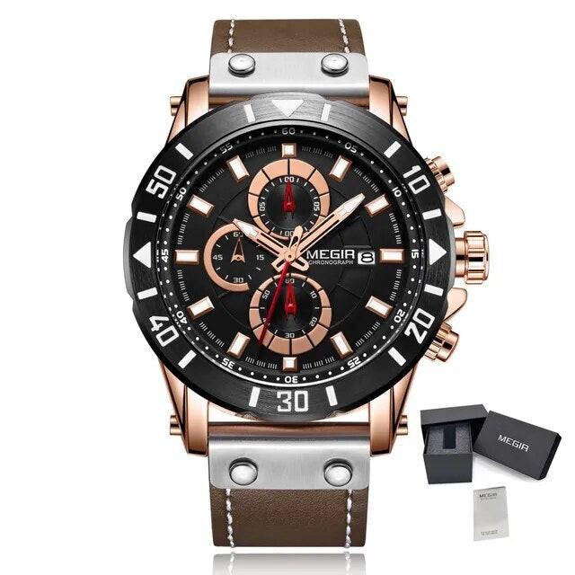 MEGIR Watch Men's Military Sport Wrist Watches Waterproof Leather Quartz Chronograph Calendar Luminous Clock Watch for Man 2081-13