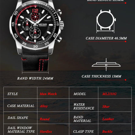 MEGIR Black Luxury Men's Wrist Watch Man Leather Strap Waterproof Chronograph Sports Men Watches Clock Hour Quartz Wristwatches-6