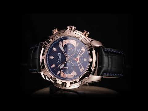 MEGIR Luxury Men Sport Watches Leather Military Quartz Wristwatch Waterproof Man Chronograph Clock 24 hour Montre Homme 2102-11