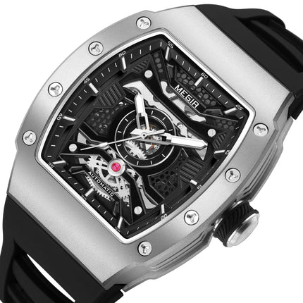 MEGIR Brand Automatic Movement Watch for Men Tonneau Design Fashion Waterproof Stainless Steel Case Mechanical Wristwatch Montre Homme 8604-11