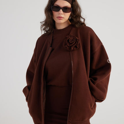 Alexa Brown Oversize Bomber Jacket with Removable Rose Accessory