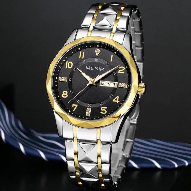 MEGIR Luxury Business Men Watches Stainless Steel Strap Clock Quartz Casual Wristwatch Waterproof Calendar Week Display 1093-10