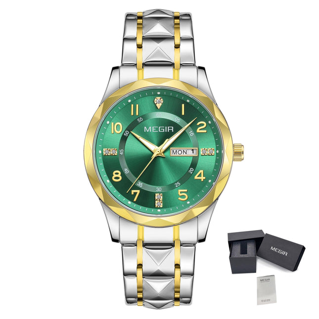 MEGIR Luxury Business Men Watches Stainless Steel Strap Clock Quartz Casual Wristwatch Waterproof Calendar Week Display 1093-17