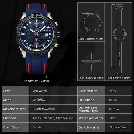 MEGIR Fashion Men's Sport Watches Silicone Strap Military Quartz Wristwatch Clock Waterproof Male Chronograph Montre Homme 2055-6