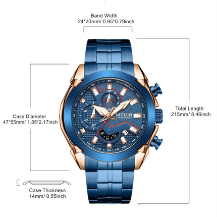 MEGIR Stainless Steel Bracelet Business Watches for Men Luxury Military Quartz Wristwatches Waterproof Luminous Clock Date 2065-5