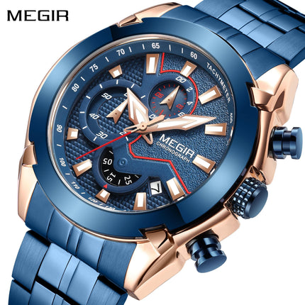 MEGIR Stainless Steel Bracelet Business Watches for Men Luxury Military Quartz Wristwatches Waterproof Luminous Clock Date 2065-0