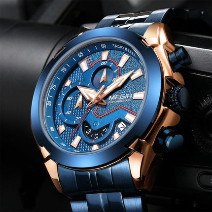 MEGIR Stainless Steel Bracelet Business Watches for Men Luxury Military Quartz Wristwatches Waterproof Luminous Clock Date 2065-3