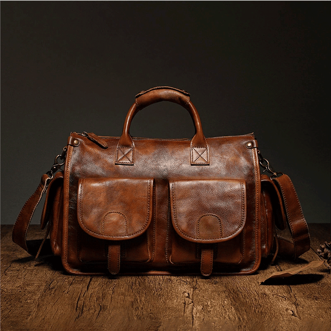 Vegetable Tanning Leather Postman Bag Briefcase Messenger Crossbody Bags-0