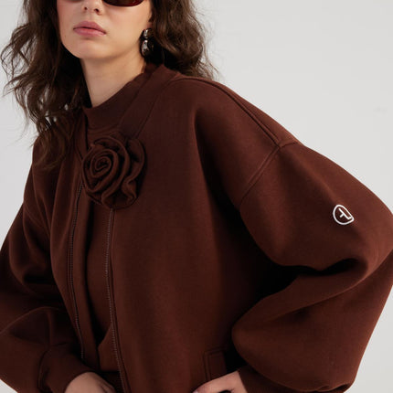 Alexa Brown Oversize Bomber Jacket with Removable Rose Accessory