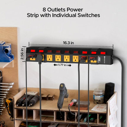 CRST 8-Outlet Metal Power Strip Surge Protector with Individual Switches, 1200 Joules, 6ft Heavy Duty Power Cord, Industrial Wall Mountable Power Bar for Workshop & Garage