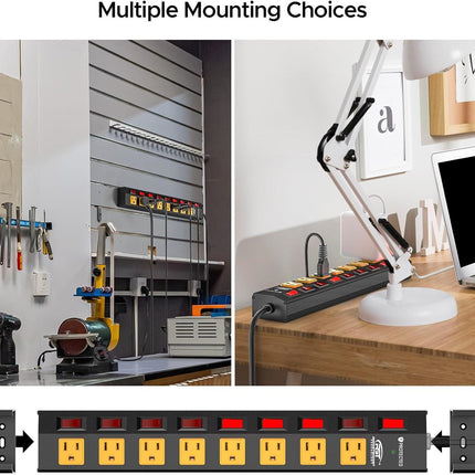CRST 8-Outlet Metal Power Strip Surge Protector with Individual Switches, 1200 Joules, 6ft Heavy Duty Power Cord, Industrial Wall Mountable Power Bar for Workshop & Garage