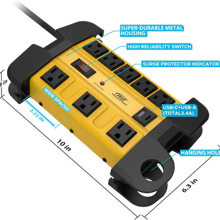 CRST Wide Spaced 8-Outlet Metal Power Strip Surge Protector, 1350 Joules, 6FT/15FT Heavy Duty Cord with Management Wrap,, USB-C & USB-A Ports, Wall Mountable Design