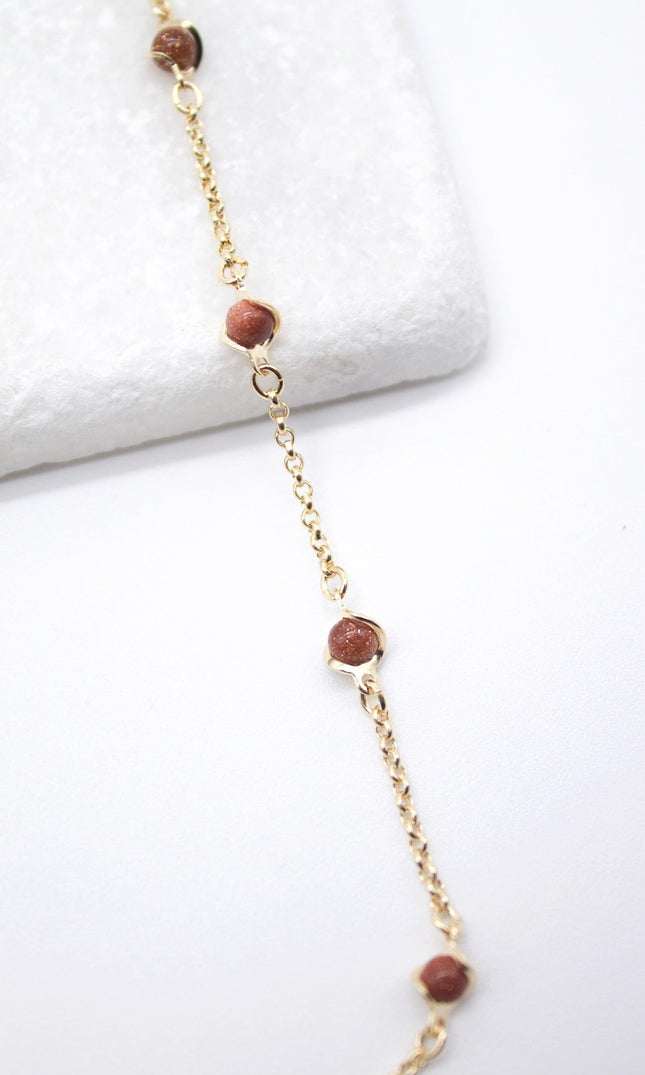 18K Gold Filled 5mm Designed Brown aventurine Bead Necklace (F221)