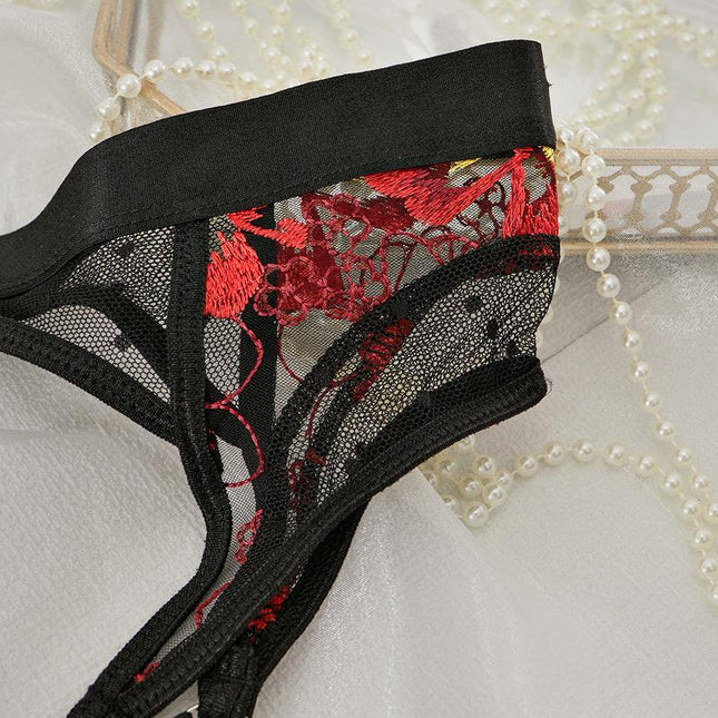 Embroidered Mesh 3-Piece Bra and Panty Set with Red Floral Fabric Details