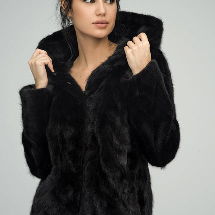 Black Genuine Hooded Mink Fur Coat