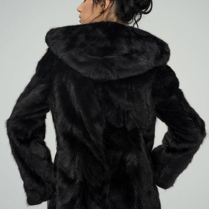 Black Genuine Hooded Mink Fur Coat