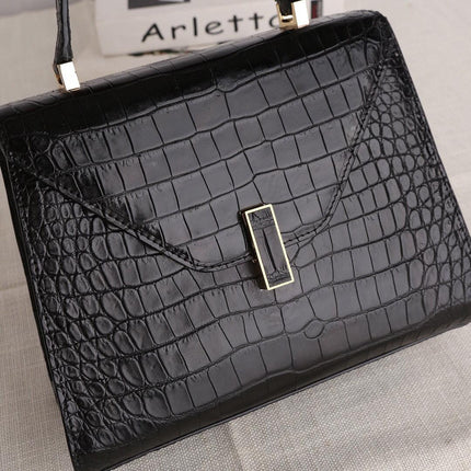 Genuine Crocodile Skin Leather Top Handle Bags Black-3