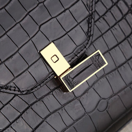 Genuine Crocodile Skin Leather Top Handle Bags Black-4