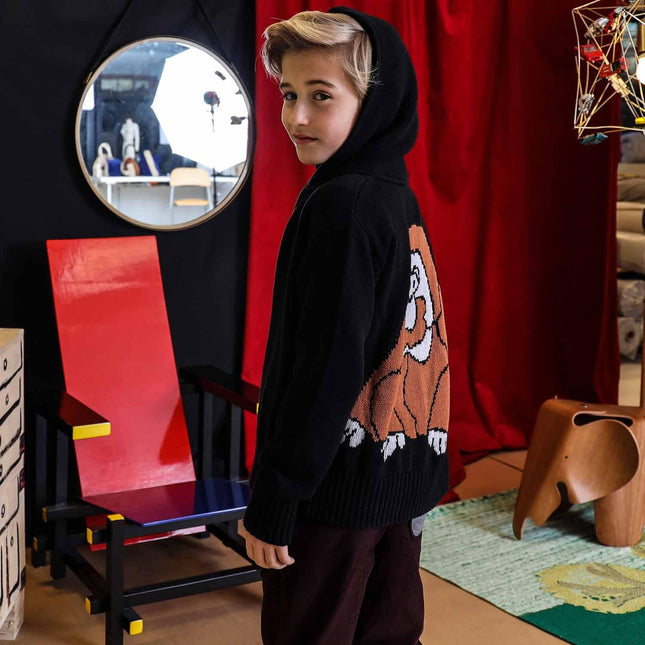 Black Knitted Kids Hoodie with Orangutan