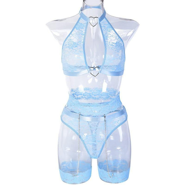 Light Blue Chain Lace Fashion Girl Sexy Lingerie Set