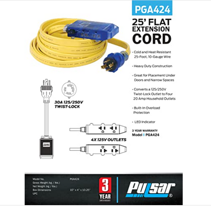 25' L5-30P to 3.5-15R 10 Gauge Flat Extension Cord w/ three 125V Household Outlets