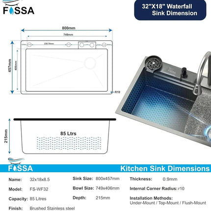 Smart Waterfall (32 x 18 x 10 ) Inch Premium Stainless Steel Kitchen Sink Black