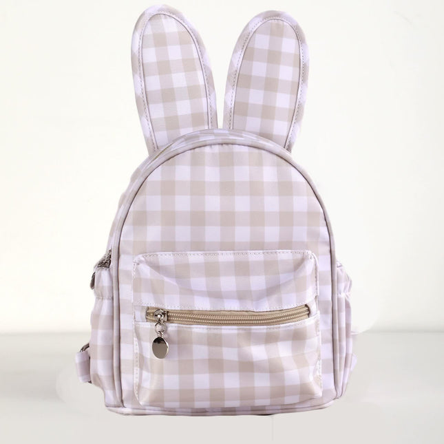 NNEDSZ Khaki Kids Bunny Ear Gingham Backpack - Cute Mini Bag for Girls-0
