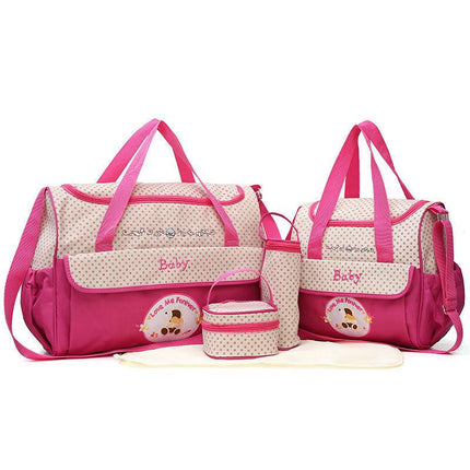 NNEDSZ Pink 5-Piece Mommy Bag Set - Large Capacity Diaper Bags for Baby Travel, Tote and Shoulder Bags with Insulated Bottle Holder and Snack Bag-0