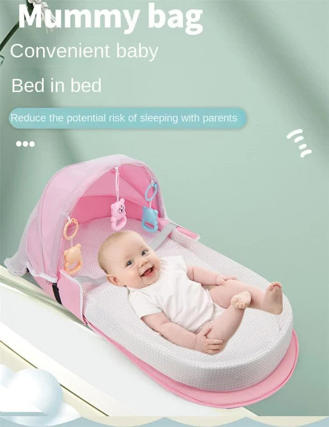 NNEDSZ Grey Portable Multi-Purpose Baby Bed and Diaper Backpack - Lightweight, Waterproof, Canvas + Polyester Material, Travel Essential for Moms(With mosquito net and small toys)-1