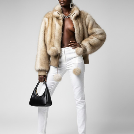 Women's Statement Faux Fur Bomber Jacket BEIGE - DYKER HEIGHTS: New Collection COUTURE in BROOKLYN - BYMANYC ® New York