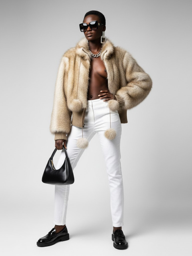 Women's Statement Faux Fur Bomber Jacket BEIGE - DYKER HEIGHTS: New Collection COUTURE in BROOKLYN - BYMANYC ® New York