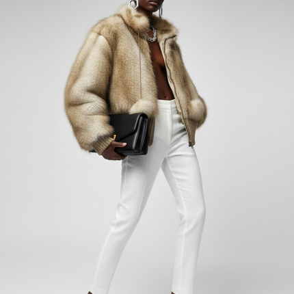 Women's Statement Faux Fur Bomber Jacket BEIGE - DYKER HEIGHTS: New Collection COUTURE in BROOKLYN - BYMANYC ® New York