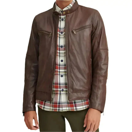 Mens Brown Leather Moto Biker Jacket