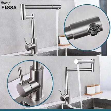 Fossa Zig Zag Stainless Steel Deck Mounted Folding Kitchen Faucet, 304 Stainless Steel Single Handle with 360 Rotating Spout with Pure Water Cold and Hot Modern Drinking Faucet