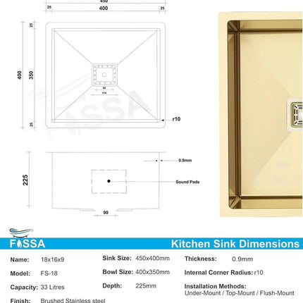 Premium Handmade  (18 x 16 x 9) Inch Stainless Steel Single Bowl Gold  Kitchen Sink