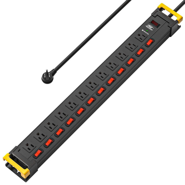 CRST 12-Outlet Metal Power Strip Surge Protector with Individual Switches, 1020 Joules, 9ft Heavy Duty 14AWG Cord, Dual Adjustable Cord Managers, Industrial Wall Mountable Power Bar for Workshop & Garage