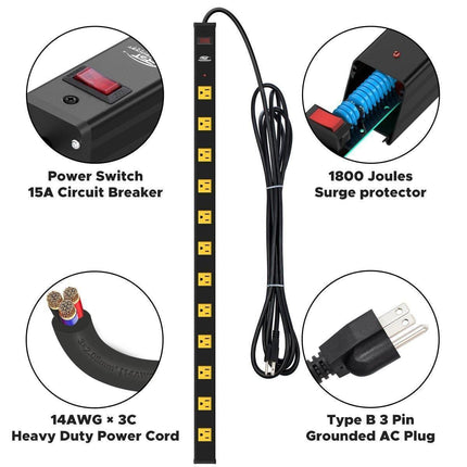 CRST 12-Outlet Metal Power Strip Surge Protector, 1800 Joules, 2.6" Ultra-Wide Spaced Outlets for Large Adapters, 15ft Heavy Duty Cord, Industrial Mountable Design