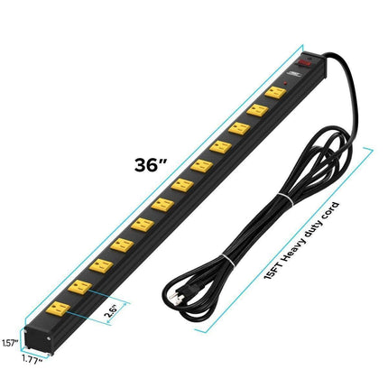 CRST 12-Outlet Metal Power Strip Surge Protector, 1800 Joules, 2.6" Ultra-Wide Spaced Outlets for Large Adapters, 15ft Heavy Duty Cord, Industrial Mountable Design