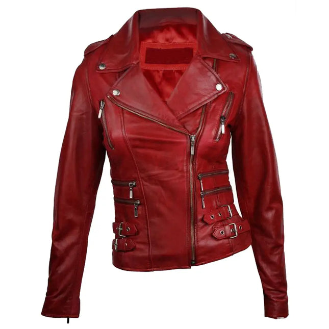 Women's Wine Red Waxed Motorcycle Leather Jacket
